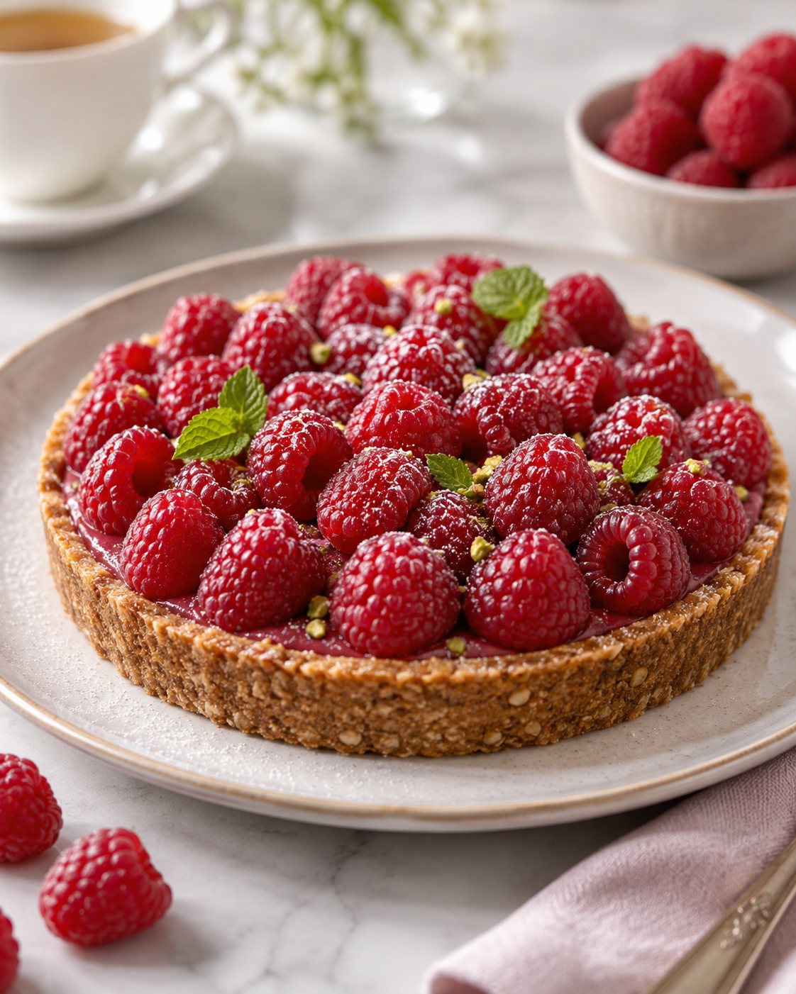 Tarte crue aux framboises – málna tart friss málnával és pisztáciával, a Bonjour France főzőtanfolyam desszertje